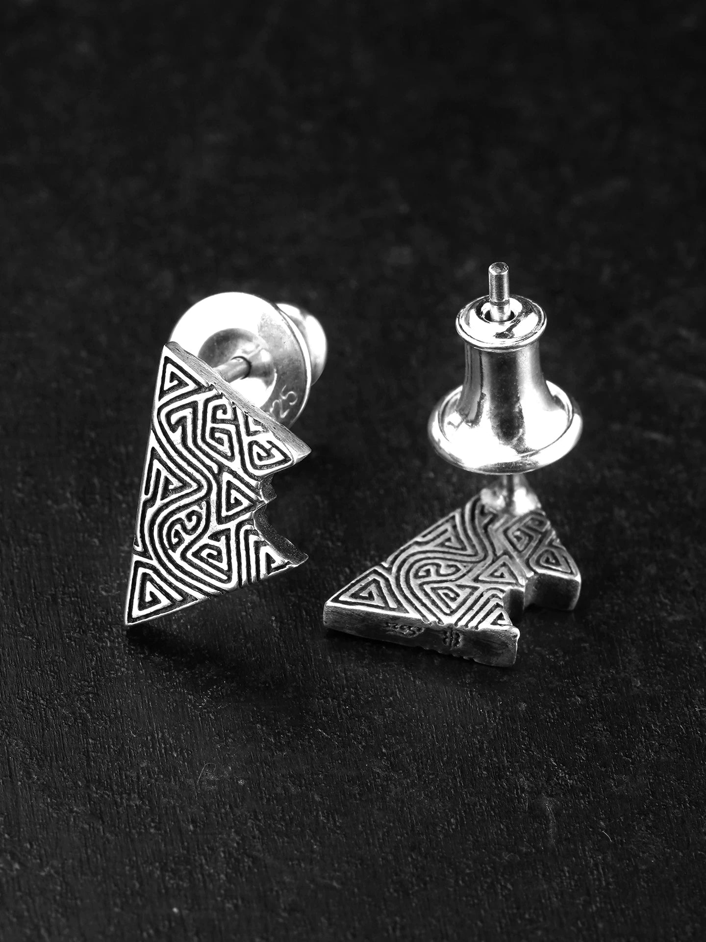 Front and back details of triangle sterling silver biker stud earring