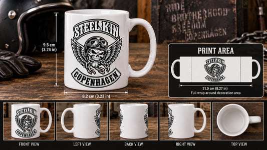 Wide professional review table with complete logoed mug, printed scale guide, ruler and handle-position diagram showing real decoration-area planning, no hands.