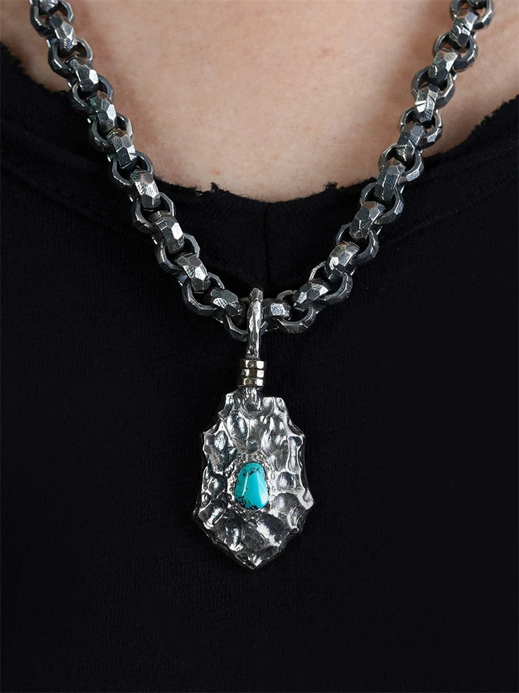 Turquoise dragon-scale shield sterling silver biker pendant worn on chain
