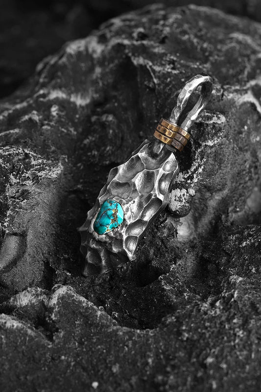 Turquoise dragon-scale sterling silver biker pendant, hero view