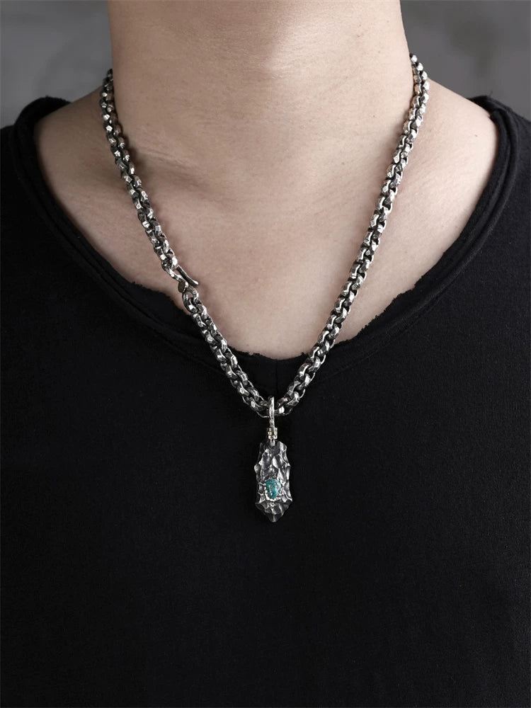 Turquoise dragon-scale sterling silver biker pendant worn on chain