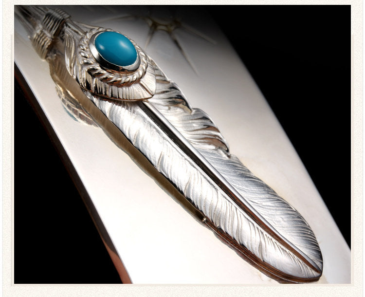 Turquoise Feather Silver Yak Leather Biker Belt — alternate product view 1