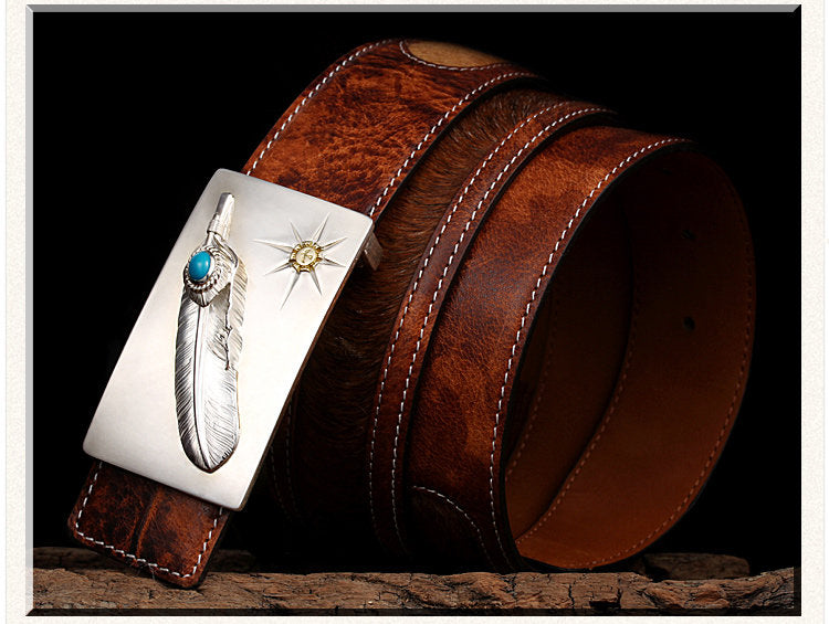 Turquoise Feather Silver Yak Leather Biker Belt — alternate product view 2
