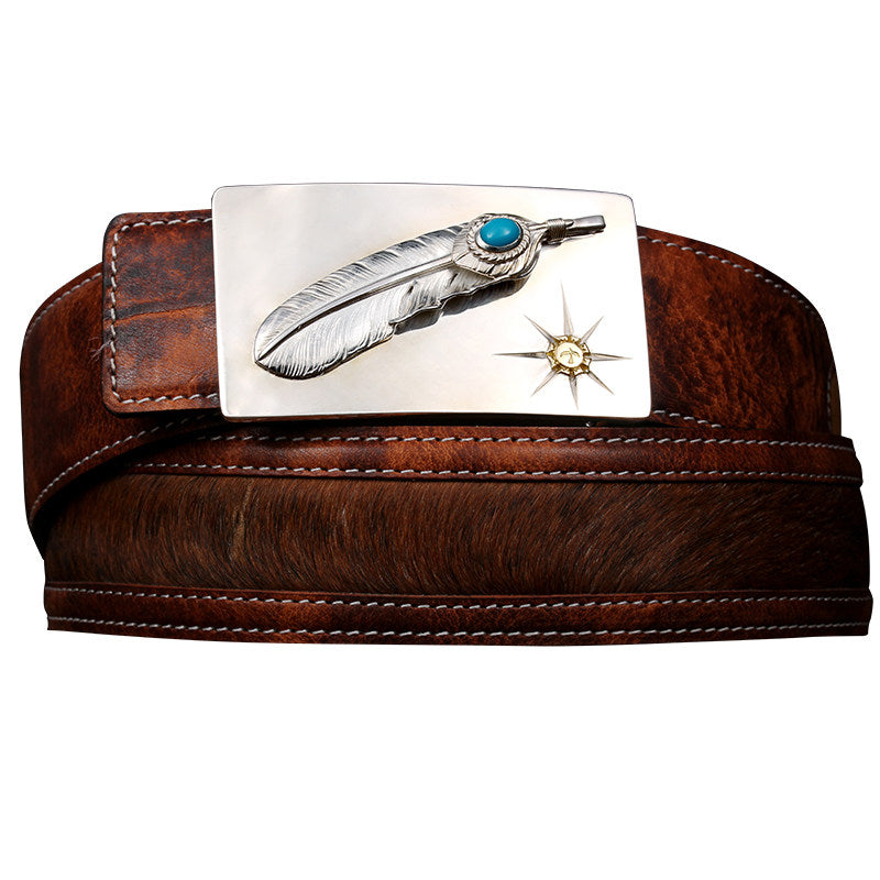 Turquoise Feather Silver Yak Leather Biker Belt — alternate product view 3