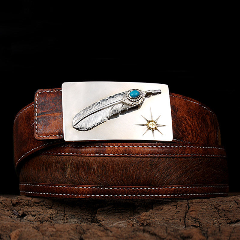 Turquoise Feather Silver Yak Leather Biker Belt — detail view 1