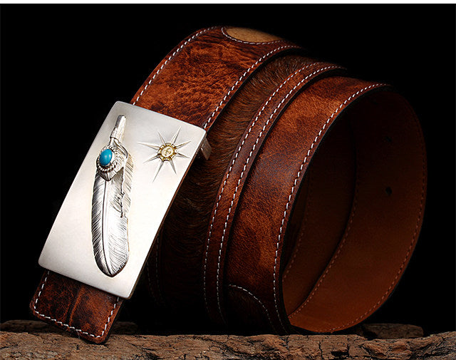 Turquoise Feather Silver Yak Leather Biker Belt — detail view 2