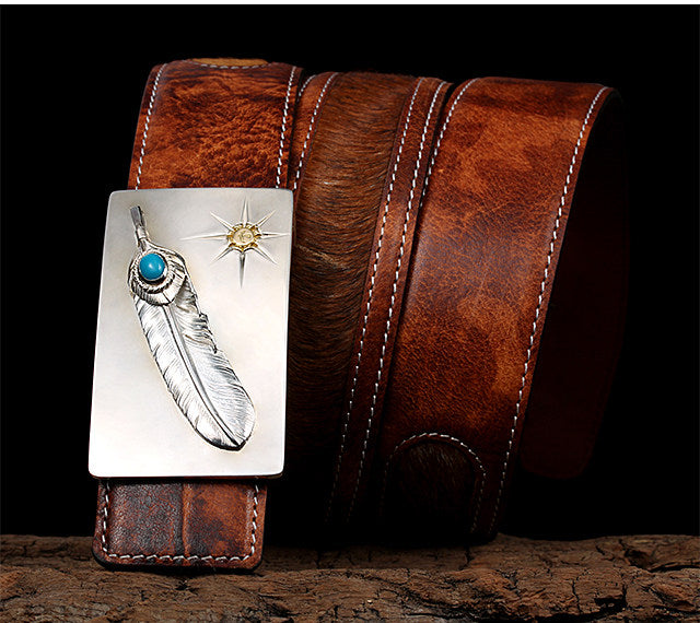 Turquoise Feather Silver Yak Leather Biker Belt — detail view 3
