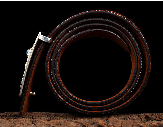 Turquoise Feather Silver Yak Leather Biker Belt — detail view 4