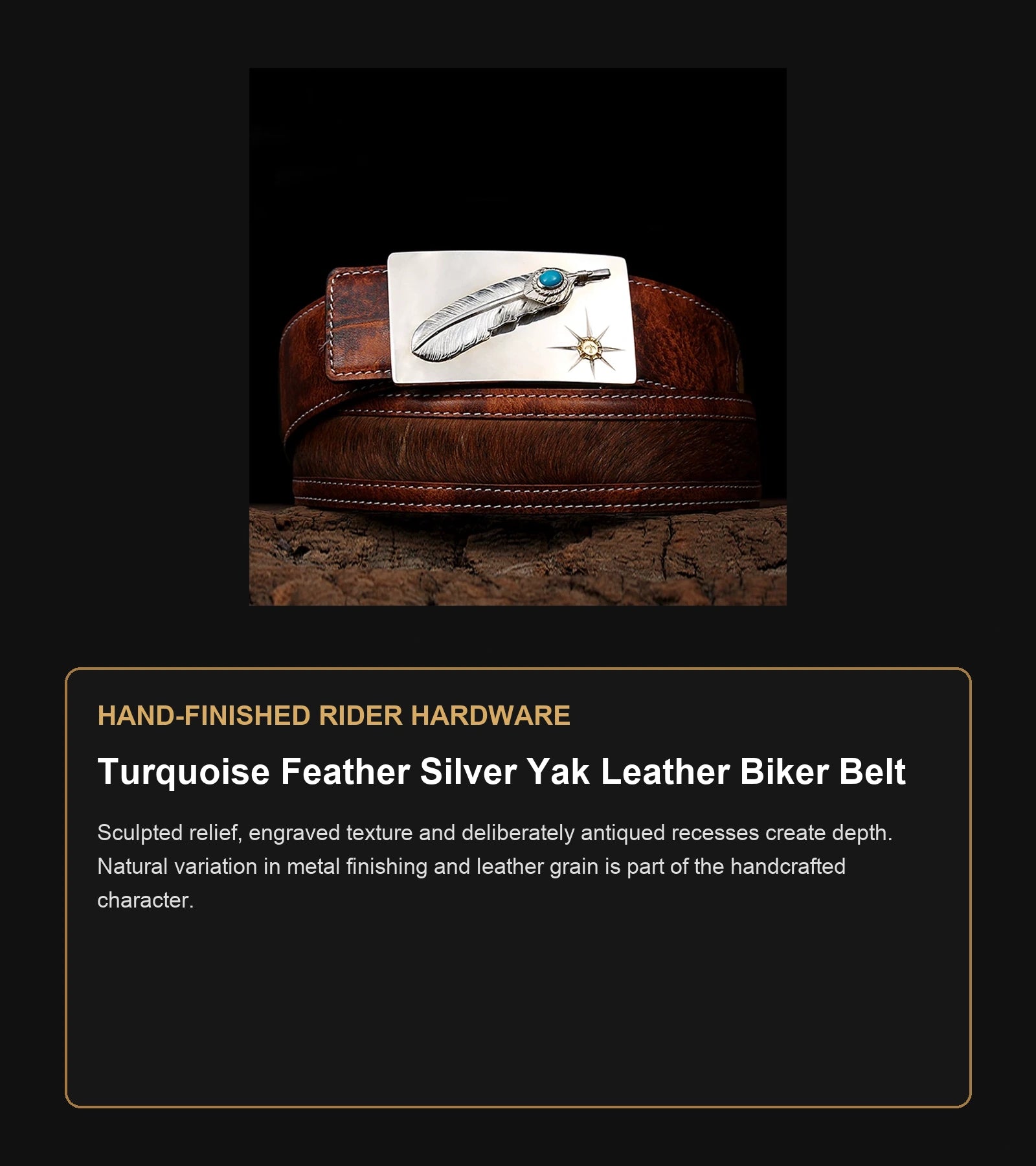 Turquoise Feather Silver Yak Leather Biker Belt craftsmanship guide in English