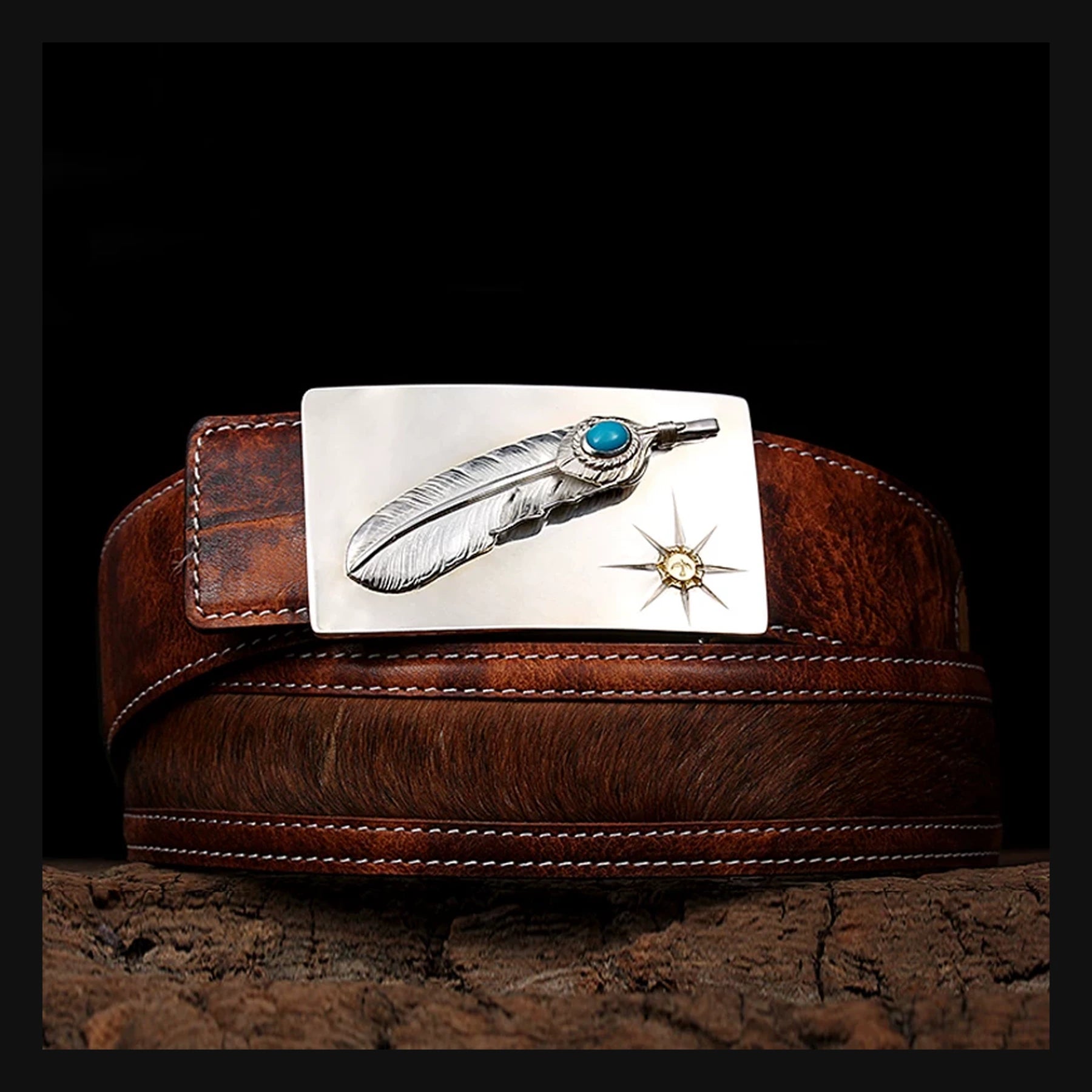 Turquoise Feather Silver Yak Leather Biker Belt product view