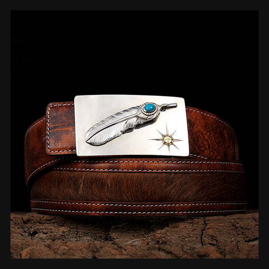 Turquoise Feather Silver Yak Leather Biker Belt product view