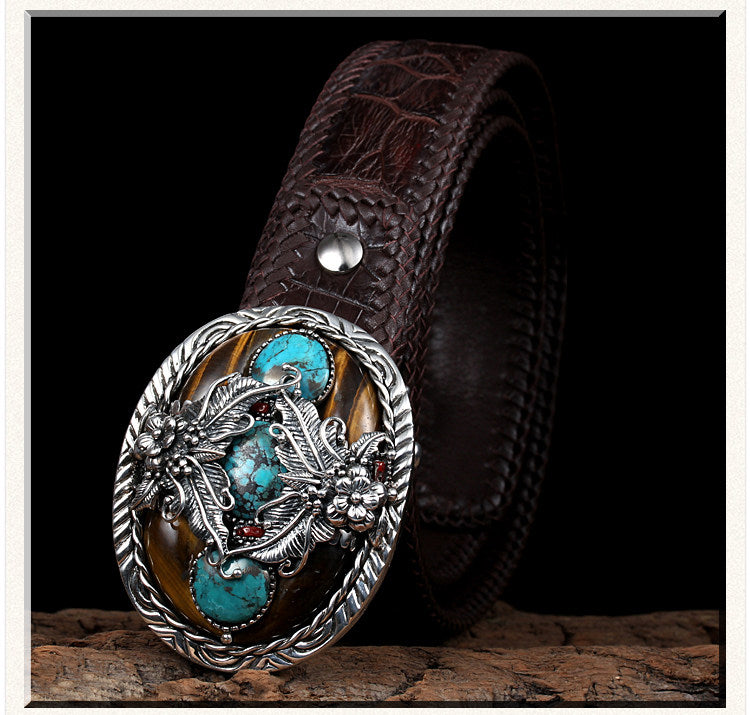 Turquoise Silver Crocodile Leather Biker Belt — product view