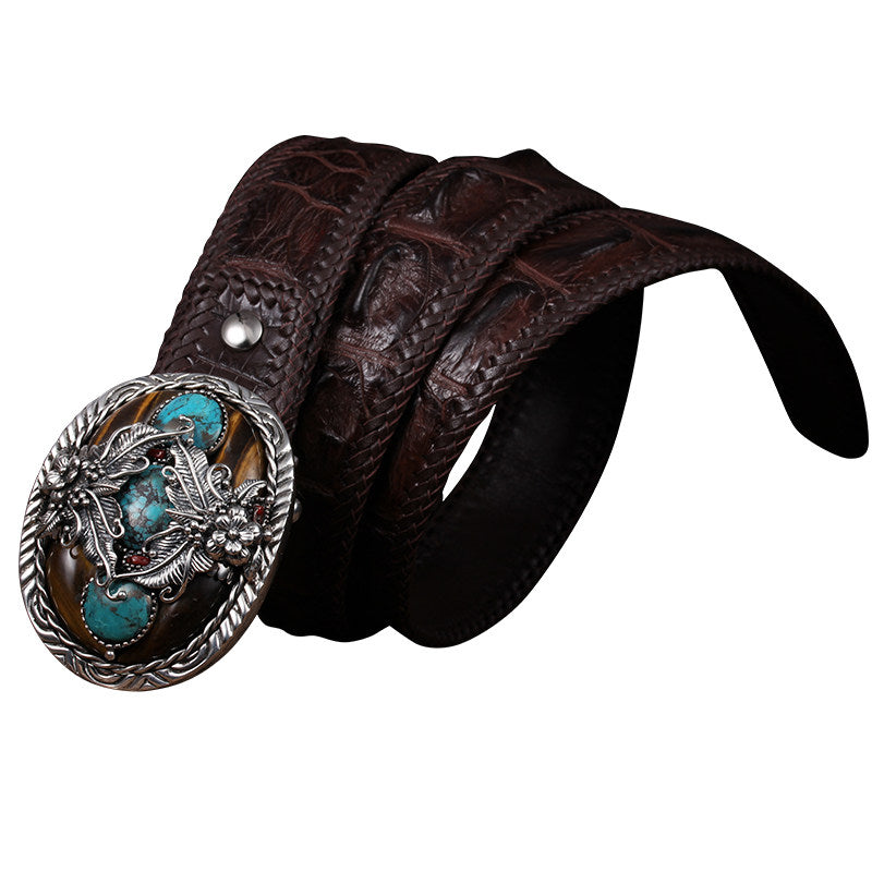 Turquoise Silver Crocodile Leather Biker Belt — alternate product view 1