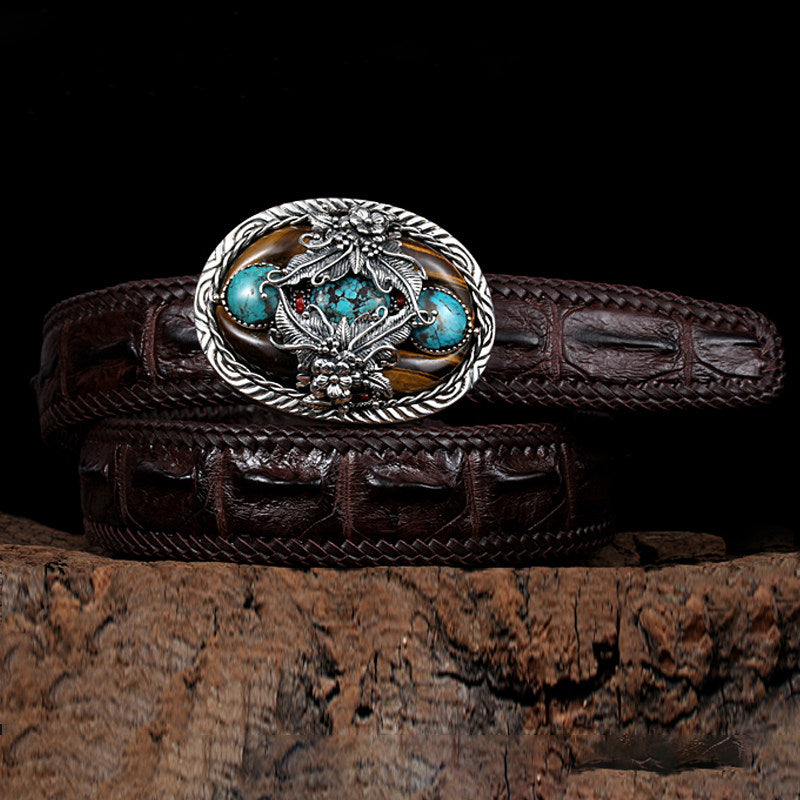 Turquoise Silver Crocodile Leather Biker Belt — detail view 1