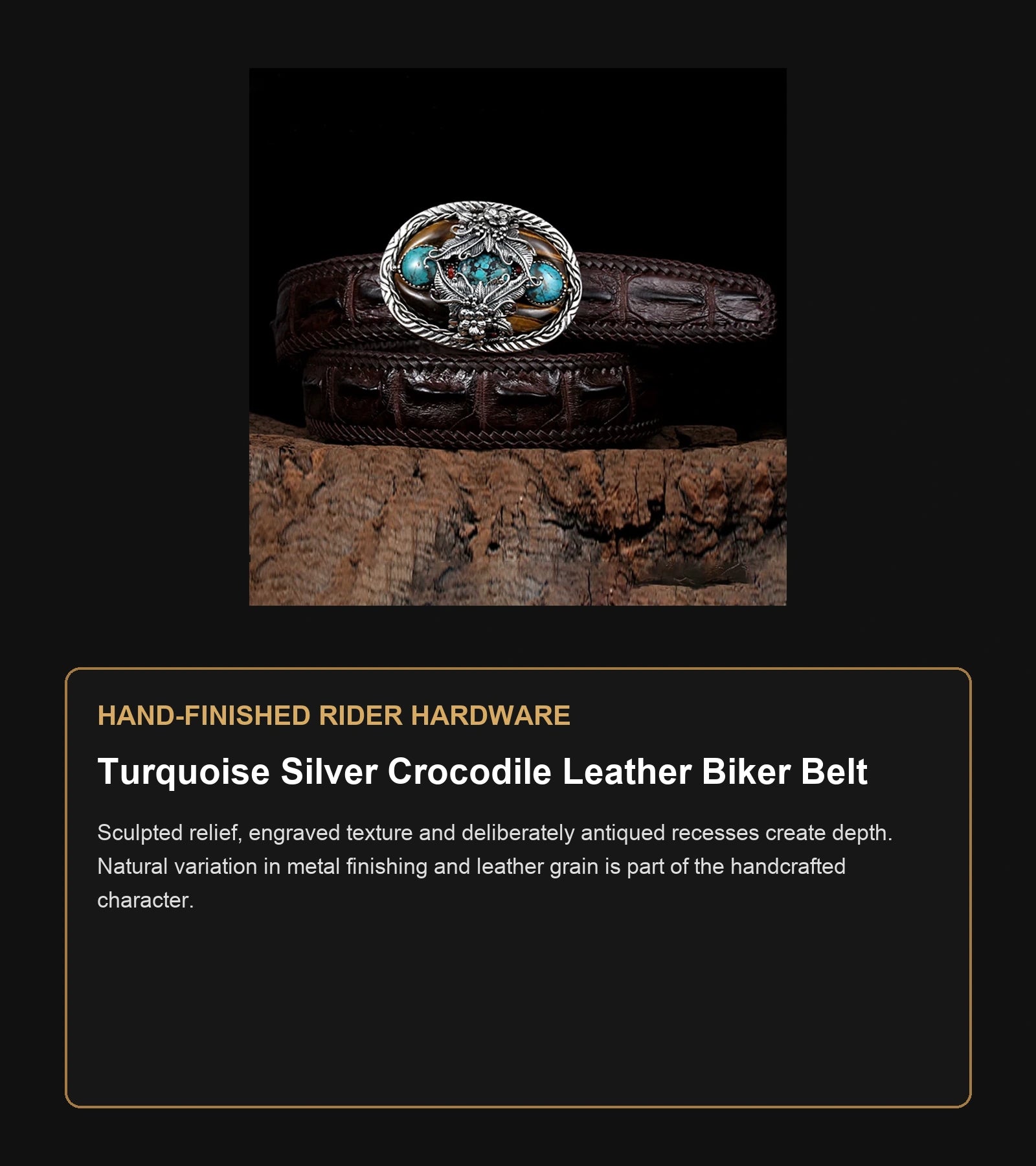 Turquoise Silver Crocodile Leather Biker Belt craftsmanship guide in English