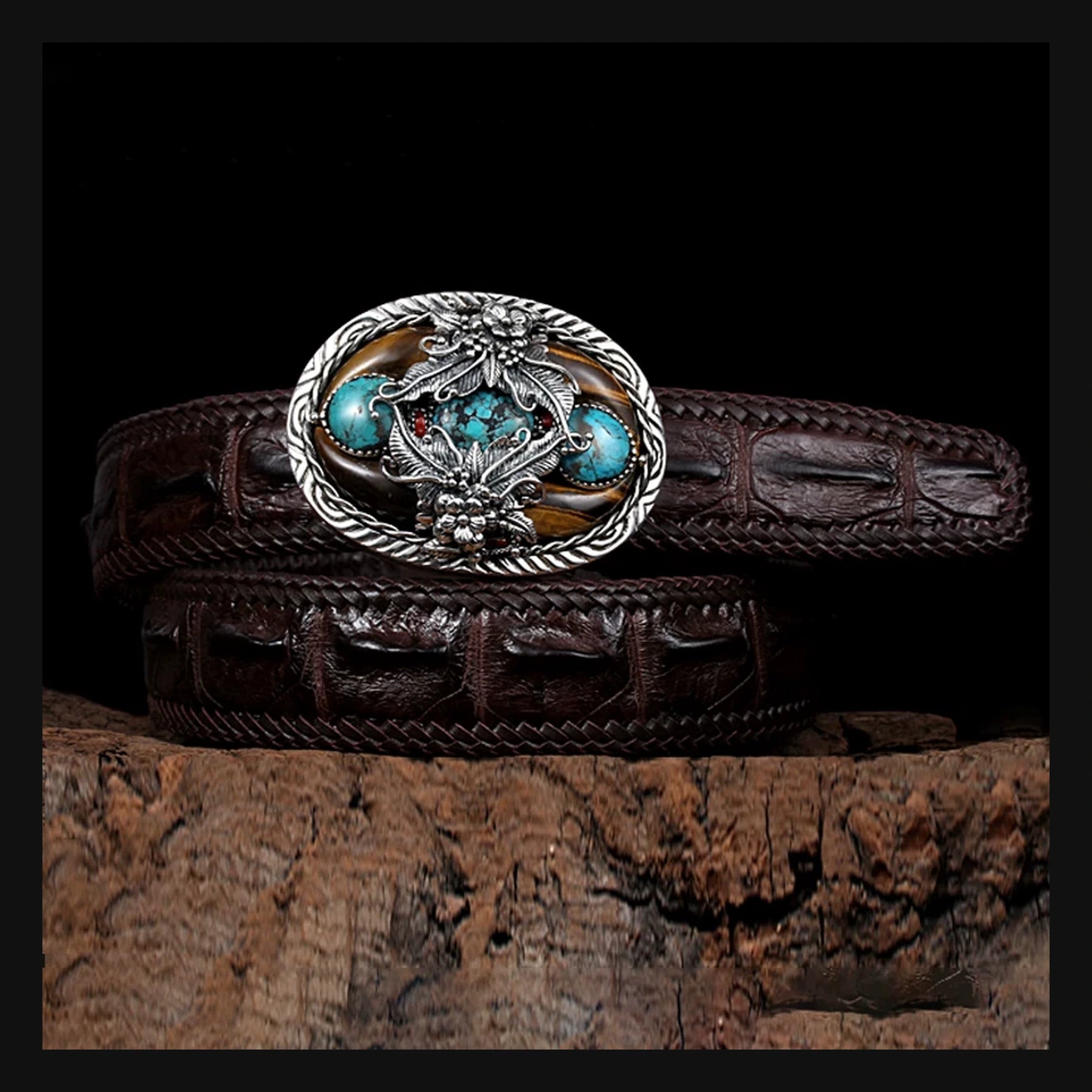Turquoise Silver Crocodile Leather Biker Belt product view