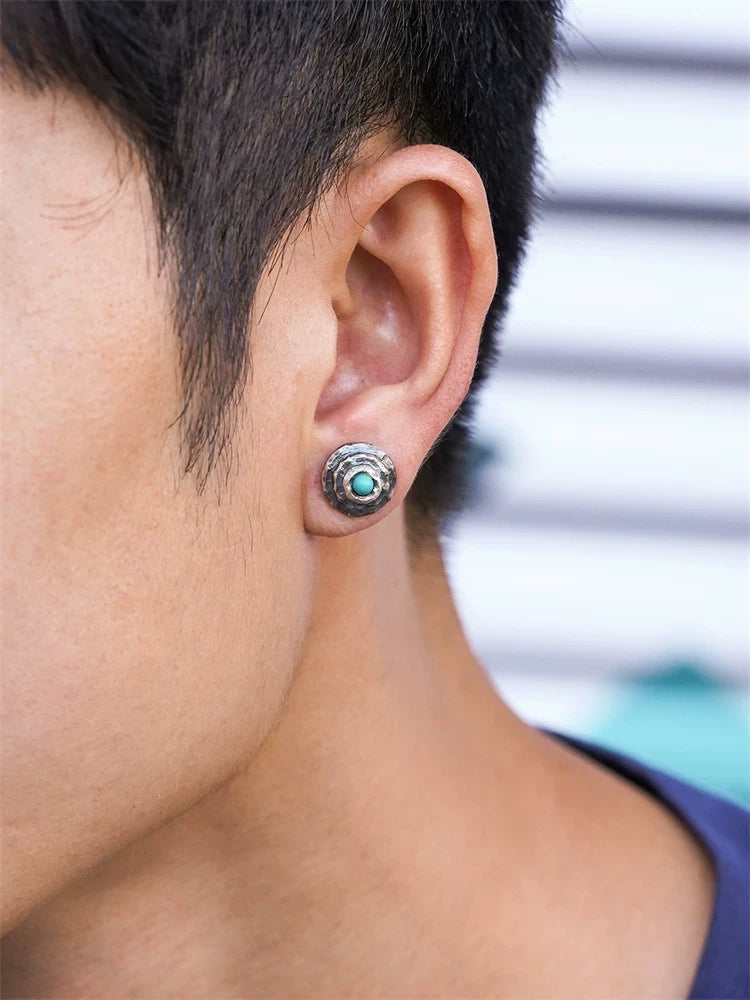 Natural Turquoise Sterling Silver Biker Stud Earring detail view 3