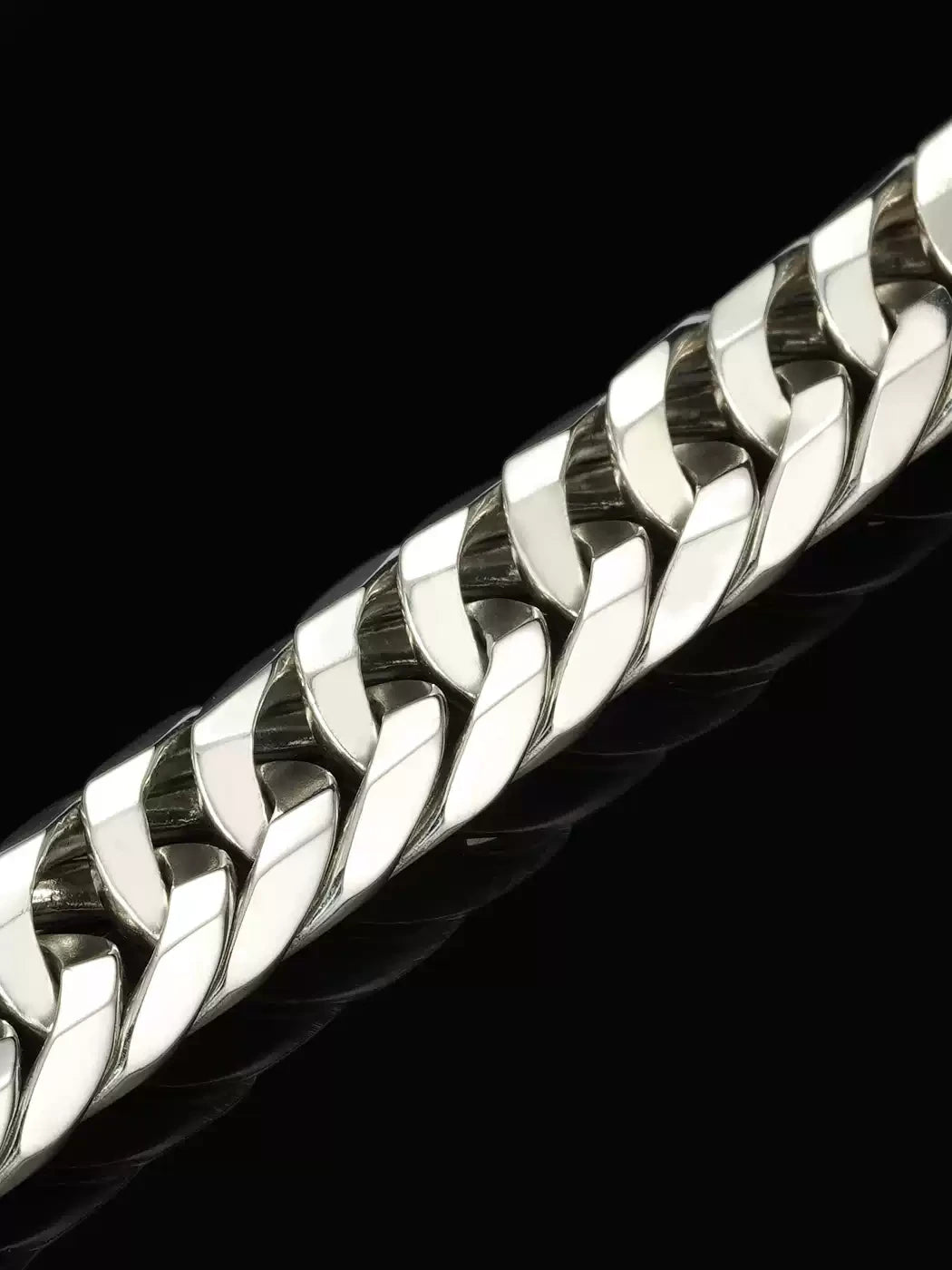 close view of faceted silver curb links