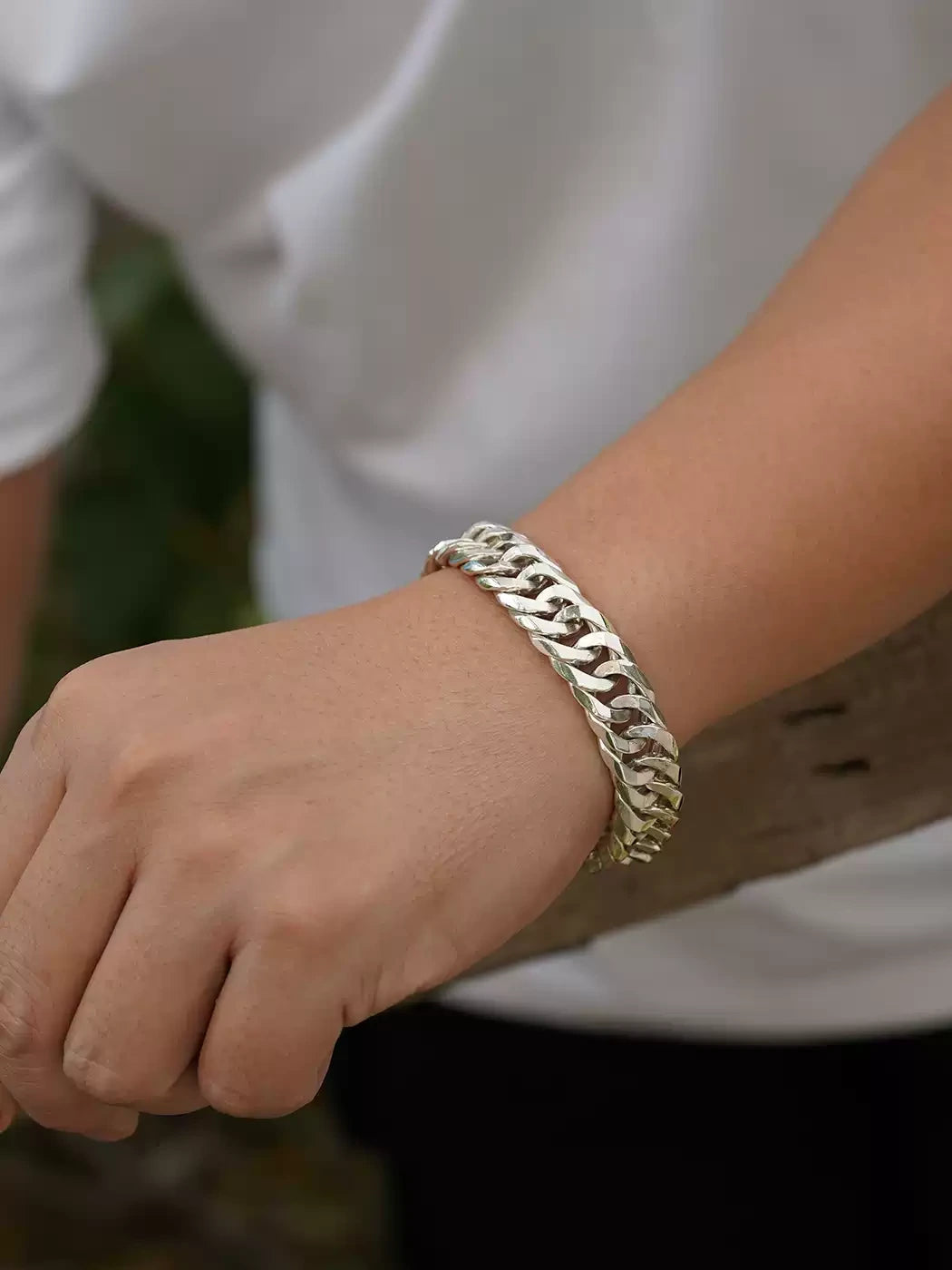 bright silver curb chain bracelet styled for men