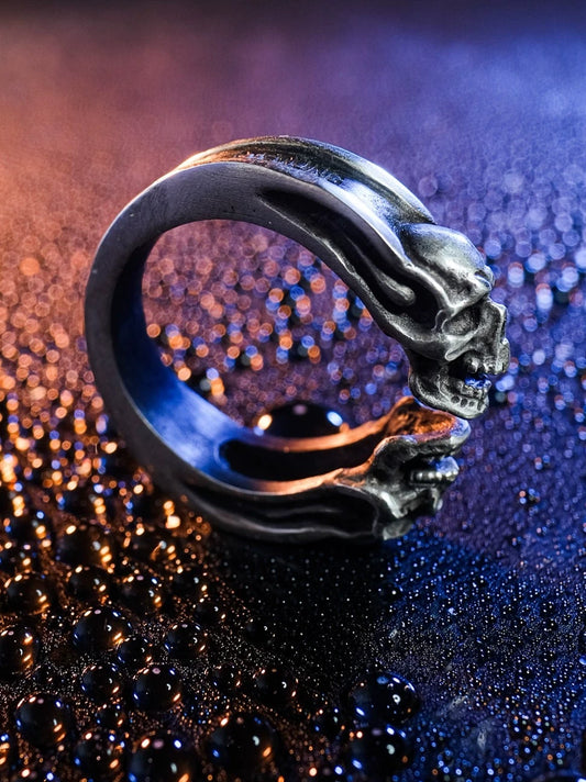 Twin Skull 925 Sterling Silver Open Biker Ring — view 1