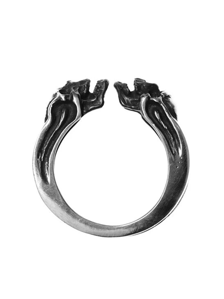 Twin Skull 925 Sterling Silver Open Biker Ring — view 2