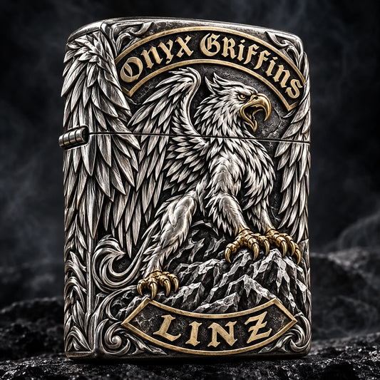 Onyx Griffins motorcycle club lighter with griffin-wing armor made from only 925 silver and brass.