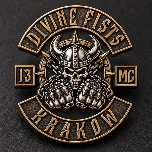 DIVINE FISTS sculpted pin combining antique silver and warm bronze metal tones.