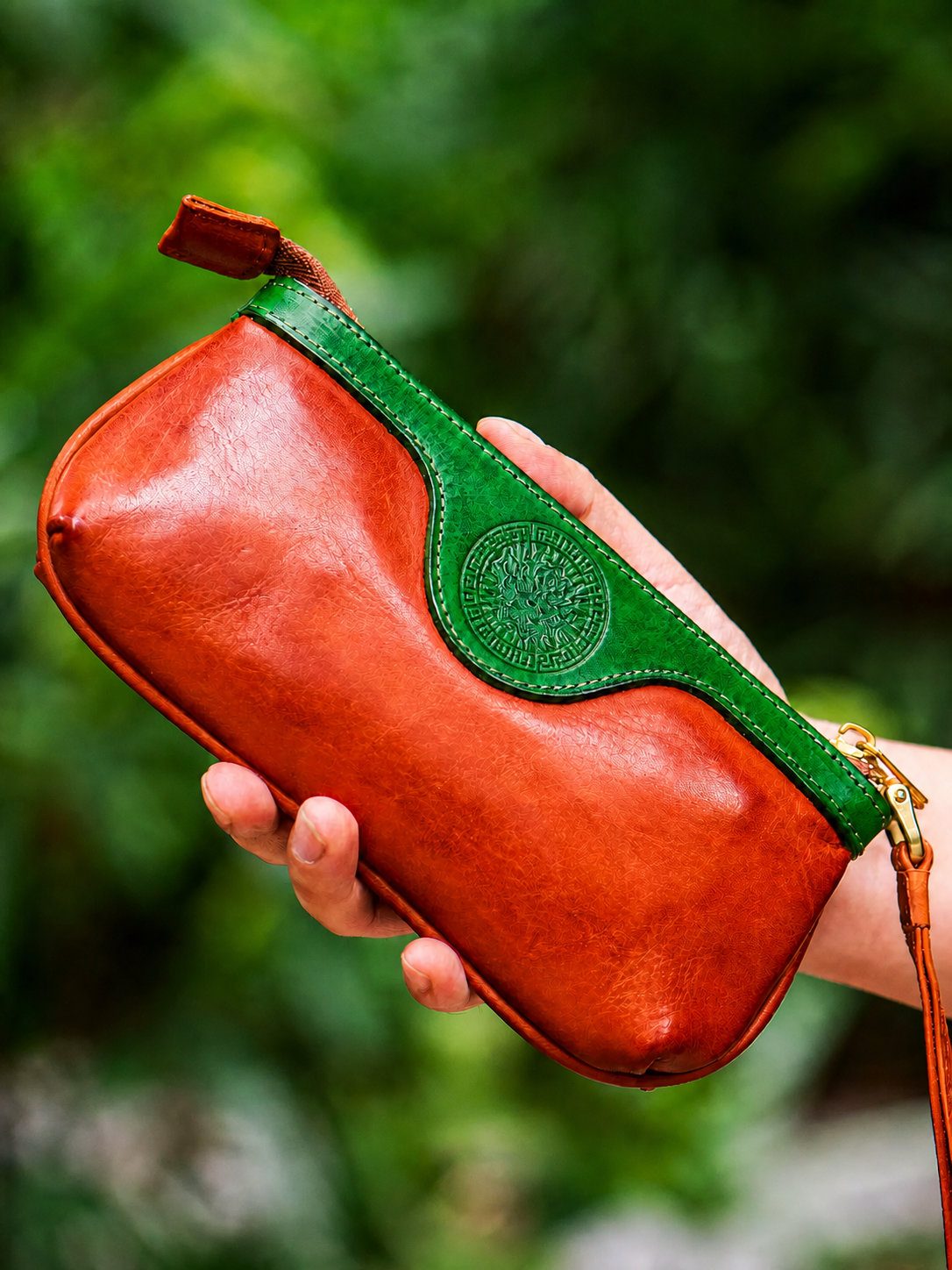 red-green two-tone cowhide dragon biker clutch wallet
