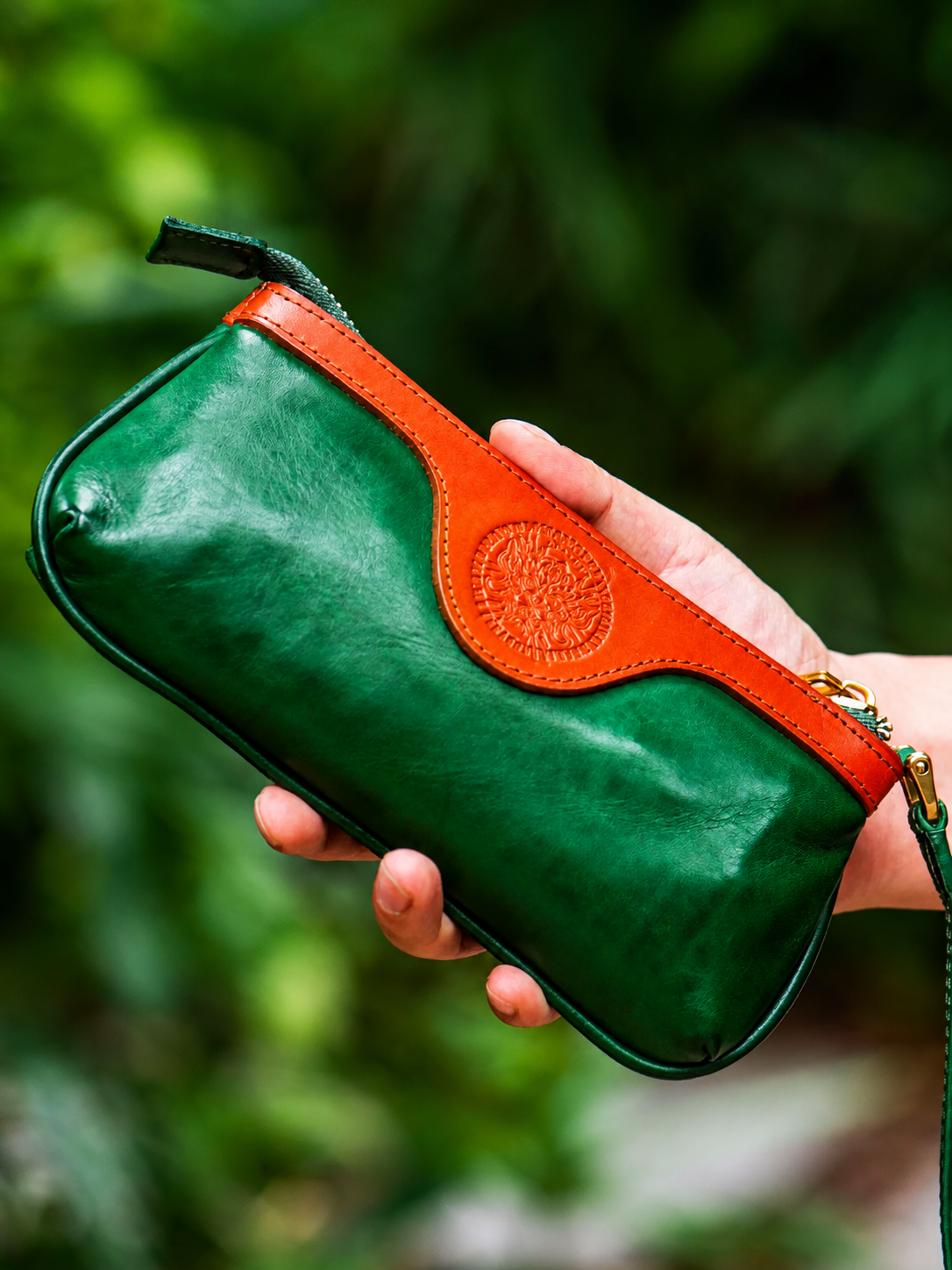 green-red two-tone cowhide dragon biker clutch wallet