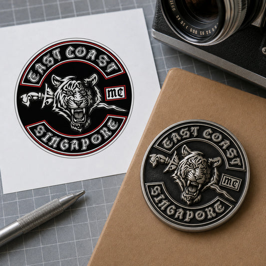 EAST COAST motorcycle club source artwork beside its connected sculpted 3D metal pin interpretation.