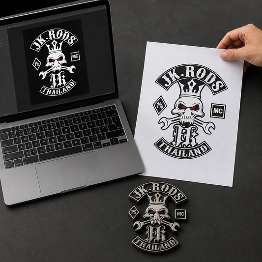 Approved motorcycle club artwork beside a finished 3D color pin