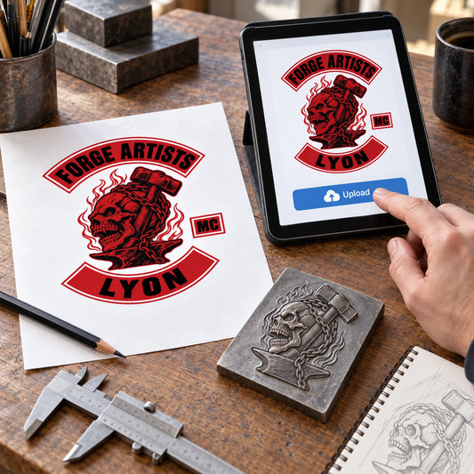 Forge Artists Lyon motorcycle club logo being uploaded for custom 3D pin design