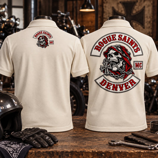 Cream Rogue Saints Denver motorcycle club polos compare a small upper-back collar mark with a separate full-size back logo.