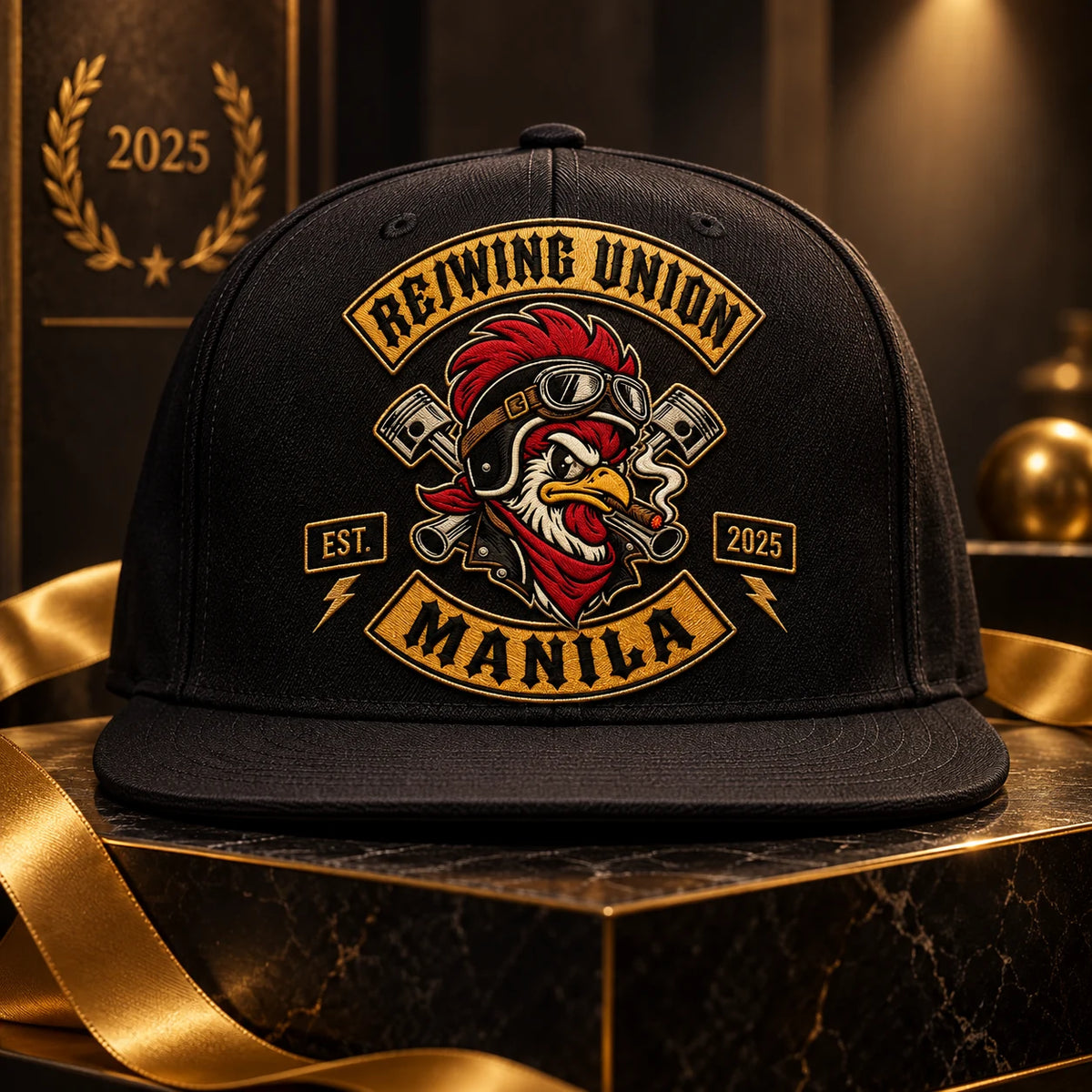 Una gorra de visera plana de edición limitada del club de motociclistas presenta un tratamiento de color conmemorativo en negro y dorado.
