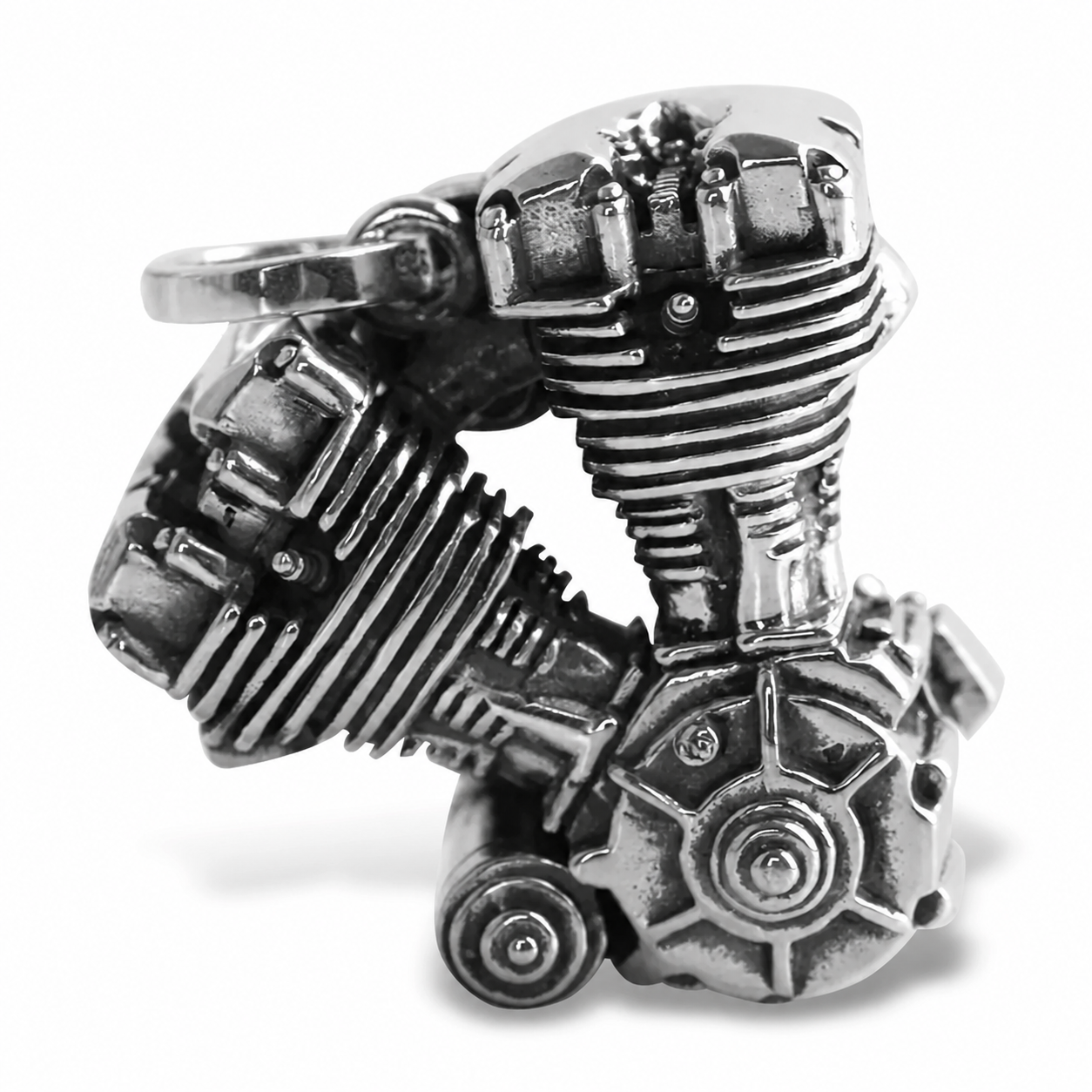 V-twin engine sterling silver biker pendant
