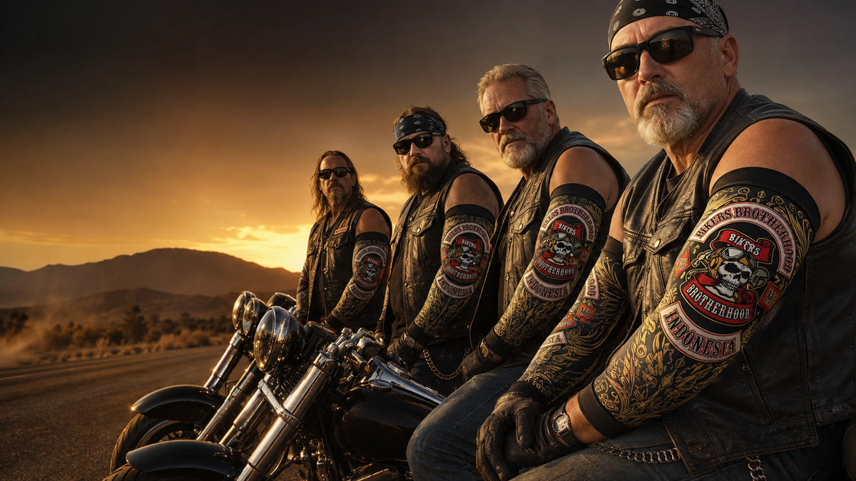 Motorcycle club riders wearing custom full-coverage removable arm sleeves beside V-twin motorcycles
