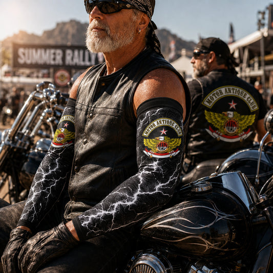 Cooling and sun-protection motorcycle club arm sleeve with visible elastic cuffs