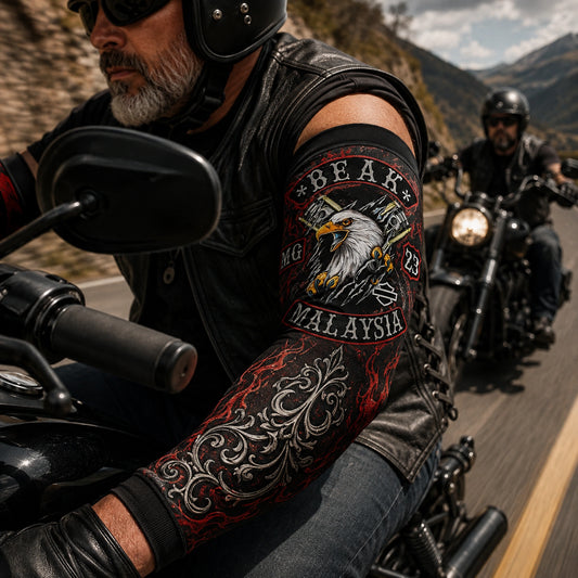 Close-fit compression motorcycle club arm sleeve worn for active riding
