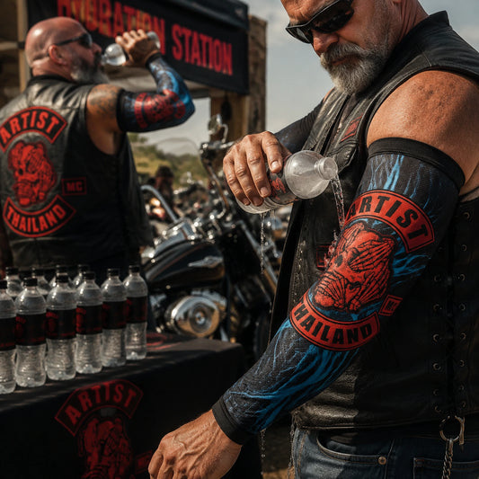 Moisture-wicking motorcycle club arm sleeve during warm-weather riding