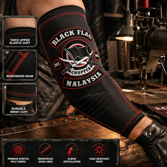 Reinforced seam detail on a standalone motorcycle club arm sleeve