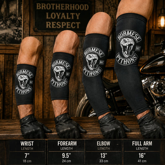 Motorcycle club arm sleeves shown in multiple sizes