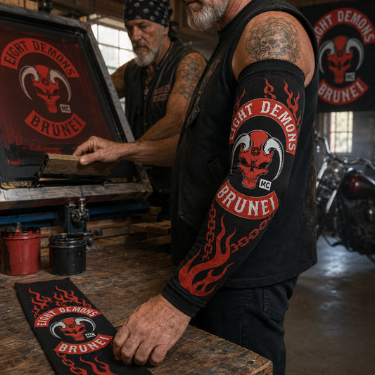 Screen-printing process for a custom motorcycle club arm sleeve