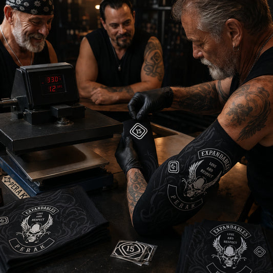 Heat-transfer application on a custom motorcycle club arm sleeve