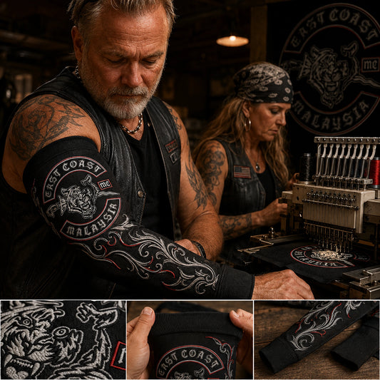Raised embroidered club emblem on a removable motorcycle club arm sleeve
