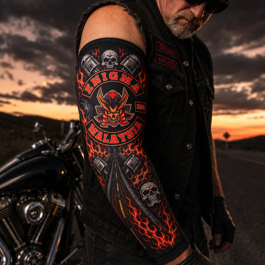 Full-coverage motorcycle club arm sleeve artwork from upper cuff to wrist cuff