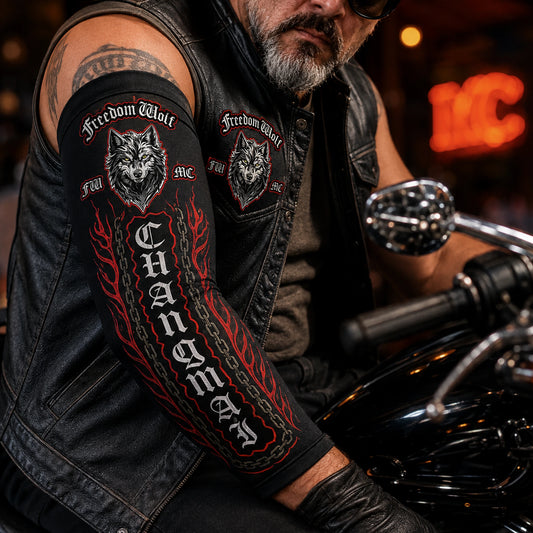 Custom road-name panel integrated into a full-coverage club arm sleeve
