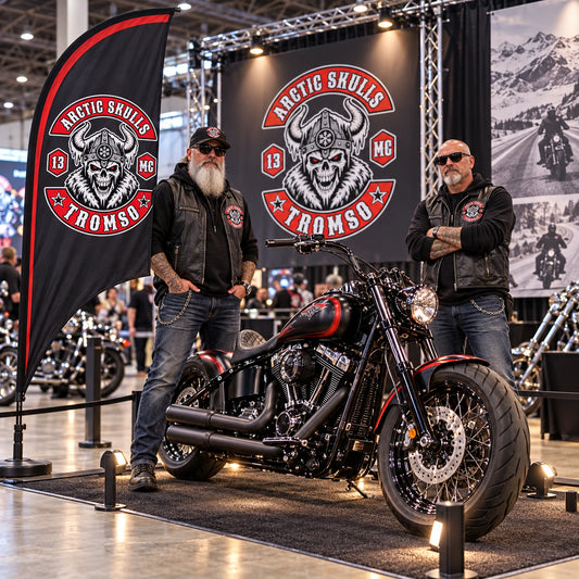 Motorcycle Shows: custom motorcycle club feather flag shown in indoor custom motorcycle exhibition with mature club representatives beside an unbranded show bike.
