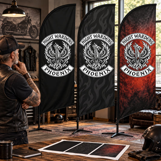 Custom Background Graphics: custom motorcycle club feather flag shown in graphics specialist comparing bold tonal background patterns under neutral studio light.
