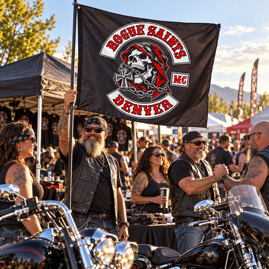 Custom motorcycle club exchange flag displayed at a busy outdoor biker rally.
