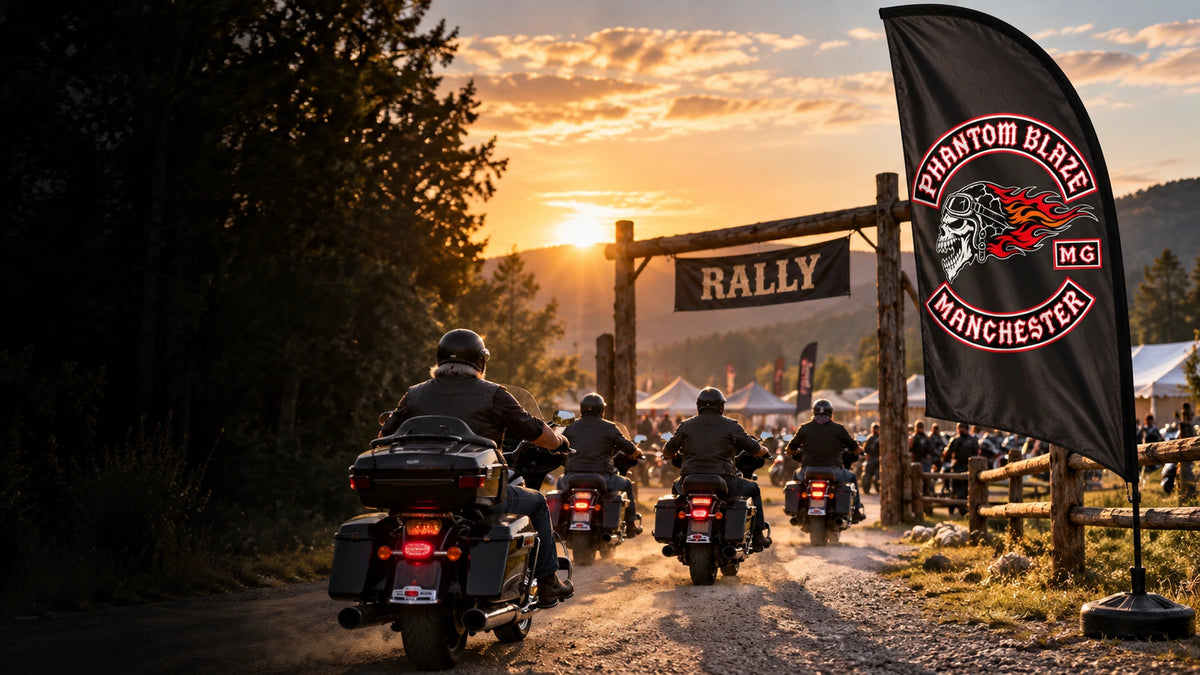 Custom Feather Flags For Motorcycle Clubs: custom motorcycle club feather flag shown in five mature Harley-style touring riders arriving at a regional rally entrance at warm sunrise.
